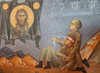 В Валааме к визиту Путина повесили фреску, на которой оккупант перевязывает раненого украинского бойца