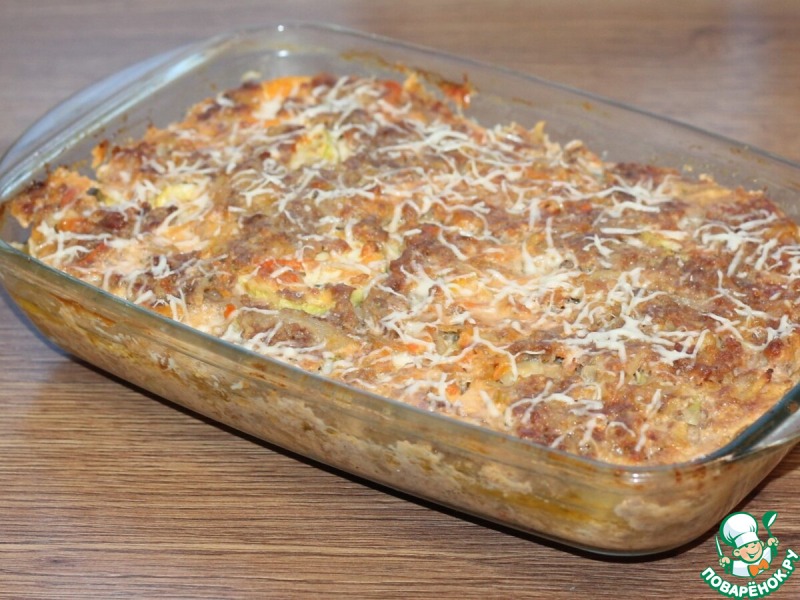 Запеканка с картофелем, кабачками, мясным фаршем