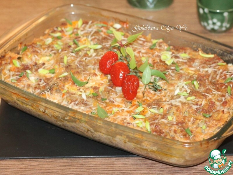Запеканка с картофелем, кабачками, мясным фаршем