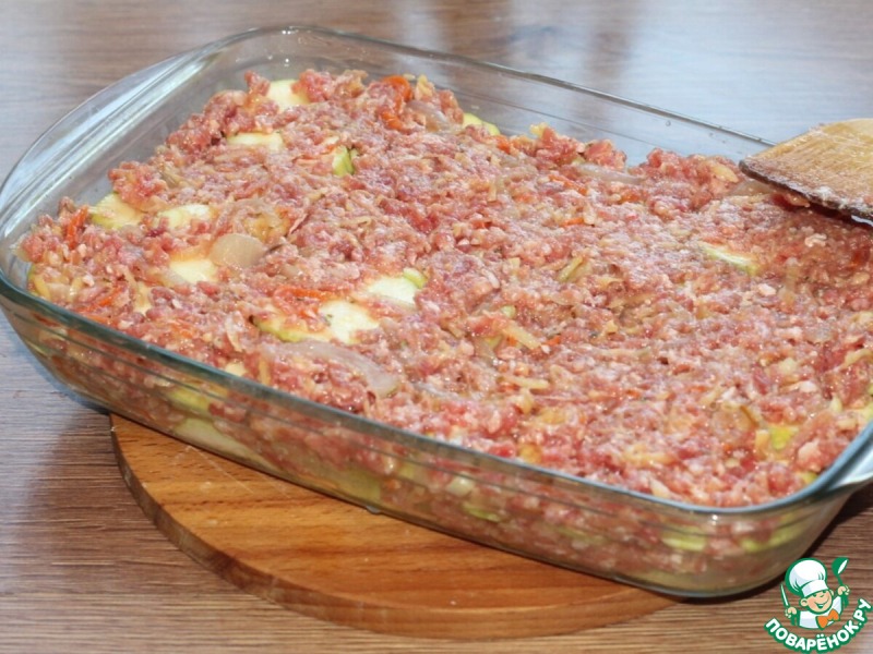 Запеканка с картофелем, кабачками, мясным фаршем
