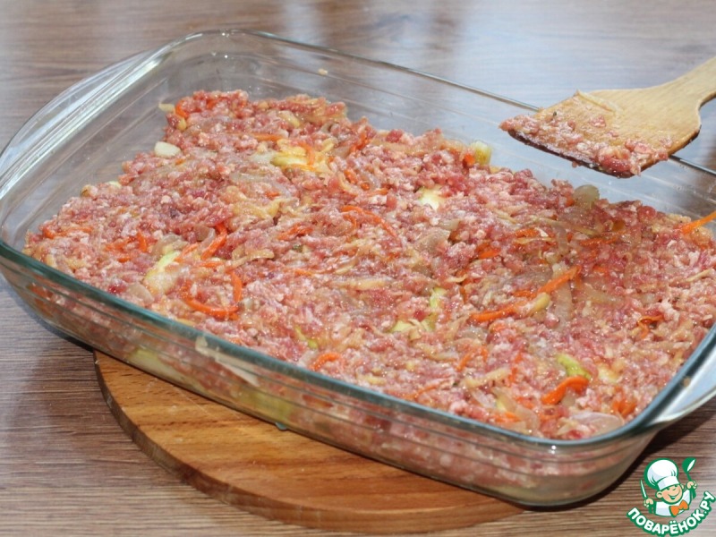 Запеканка с картофелем, кабачками, мясным фаршем