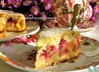 Постная шарлотка с малиной и яблоками