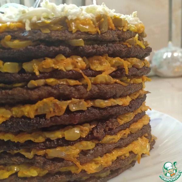 Печеночный торт с грибами