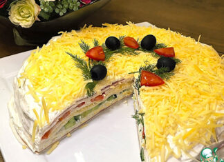 Закусочный торт из лаваша с ветчиной и сыром