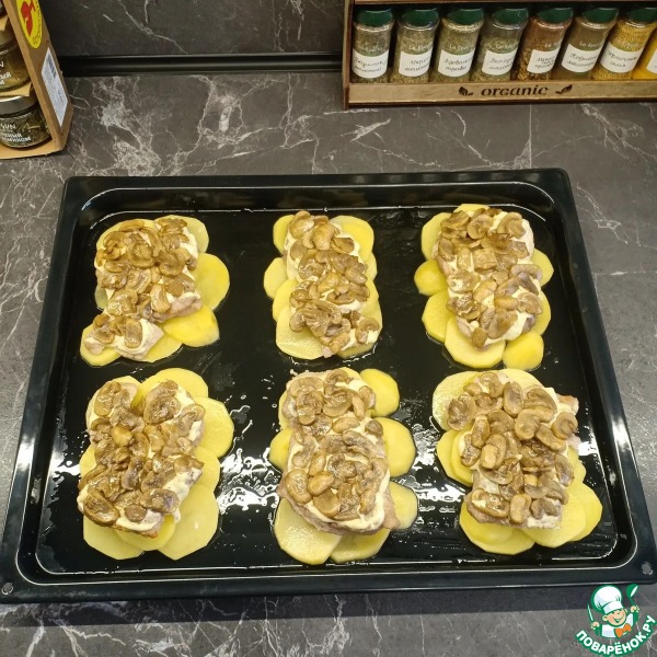 Мясо с помидорами и грибами