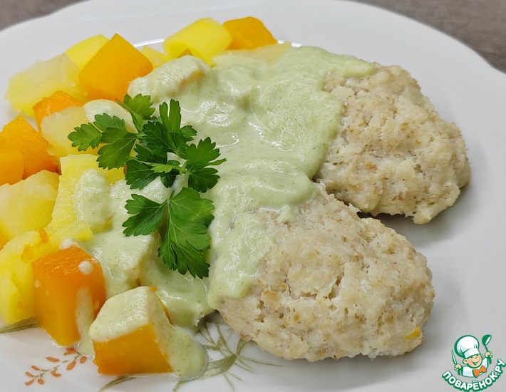 Рыбные котлеты на пару с гарниром и соусом (Диета n1)