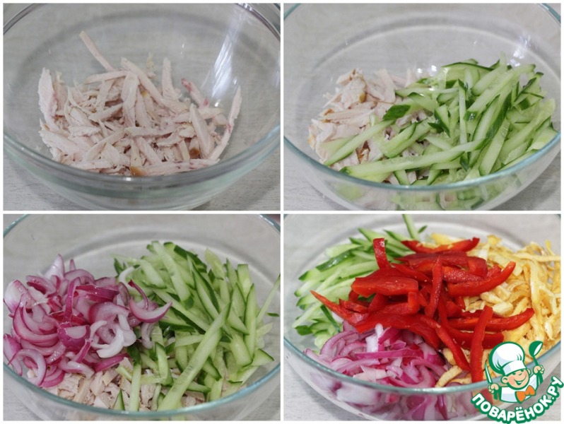 Салат с курицей и яичными блинчиками