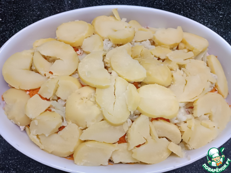 Запеканка с отварной курицей и овощами