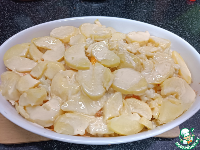 Запеканка с отварной курицей и овощами