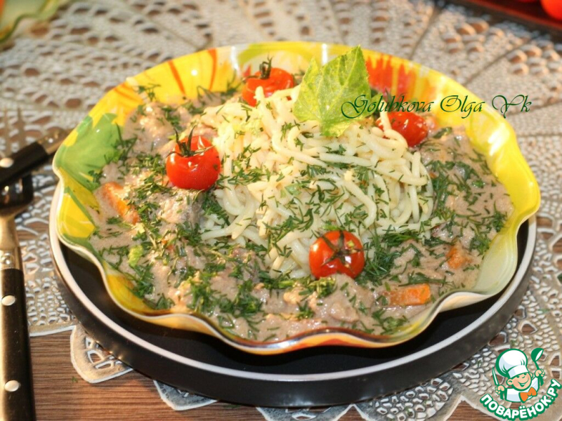 Куриная печень с грибами в соусе