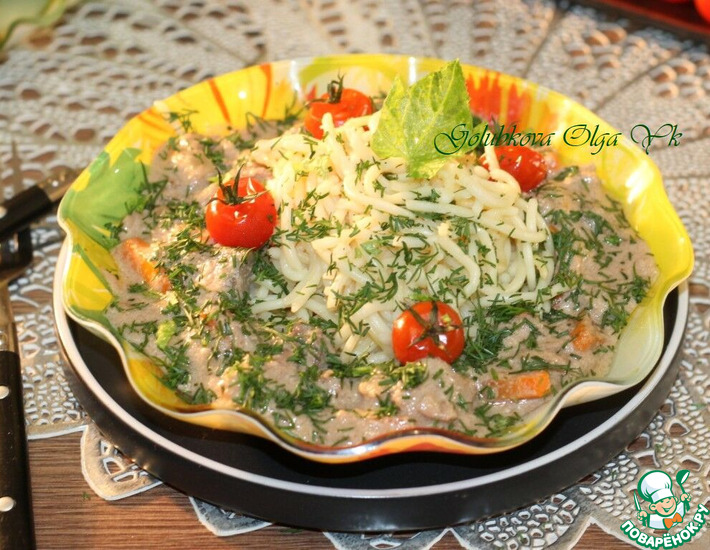 Куриная печень с грибами в соусе