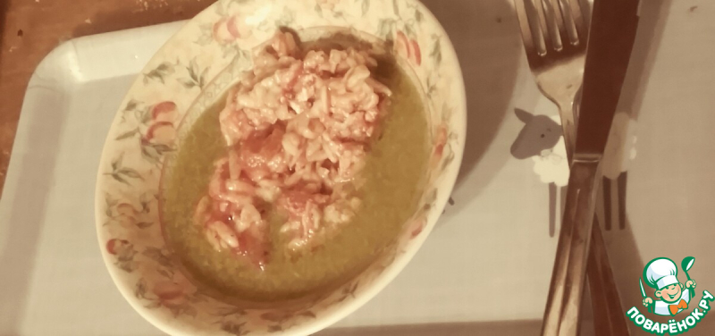 Орзо, запеченные с перцами, оливками, халуми