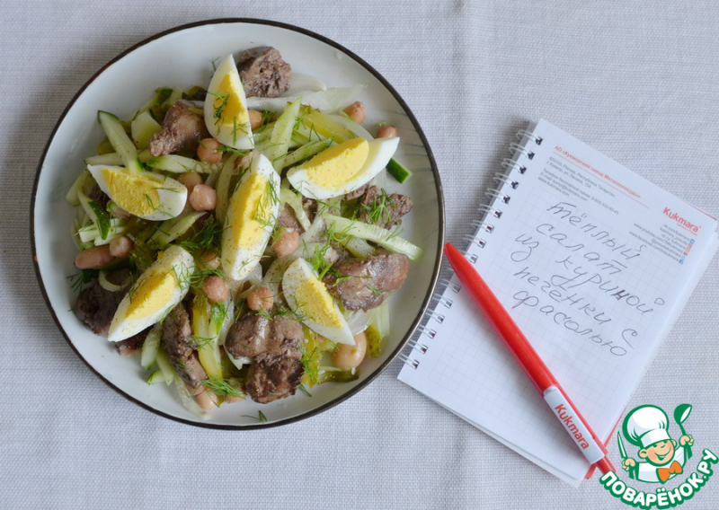 Тёплый салат из куриной печени с фасолью