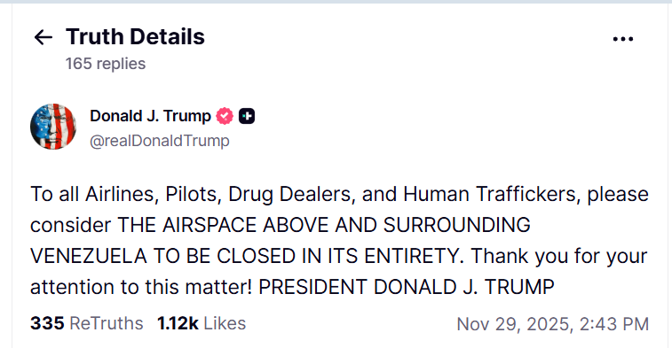 Трамп объявил о закрытии воздушного пространства над Венесуэлой