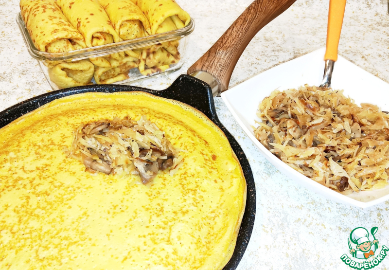 Тыквенные блинчики фаршированные капустой и грибами