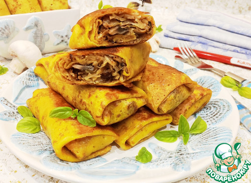 Тыквенные блинчики фаршированные капустой и грибами