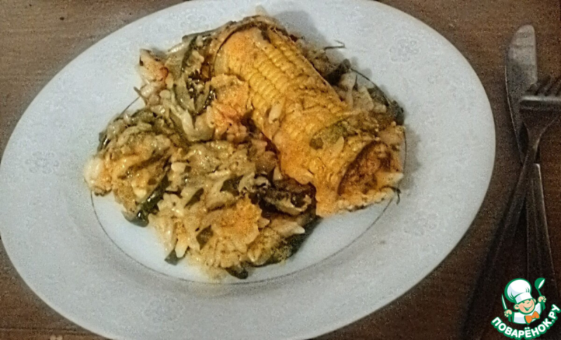 Запеканка с цуккини, кукурузой и орзо